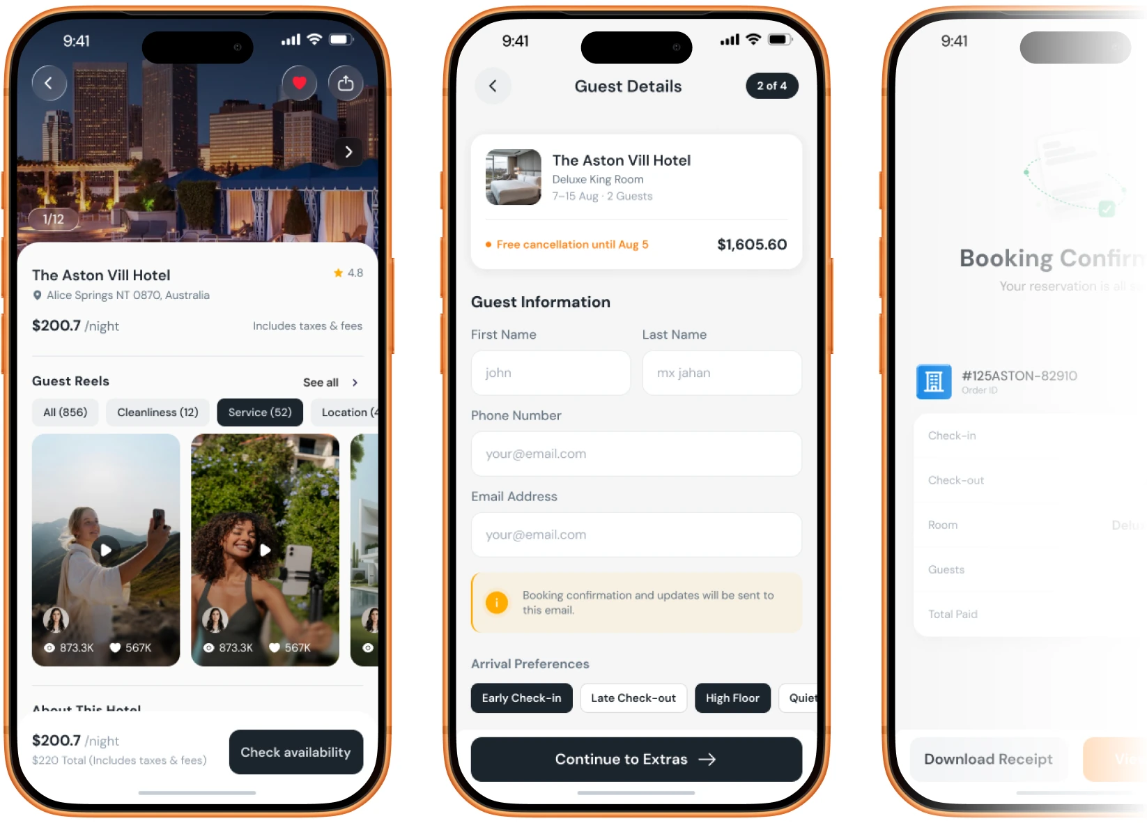 LOVO hotel details, guest information, and booking confirmation screens on three iPhones