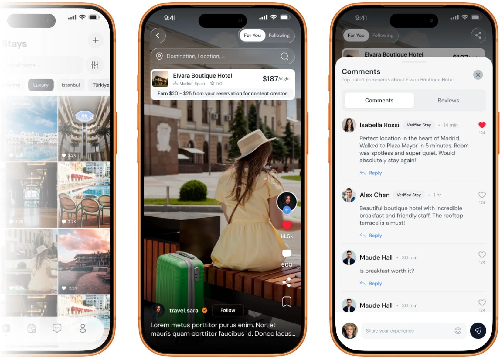 LOVO explore feed, creator reels, and guest comment screens on three iPhones