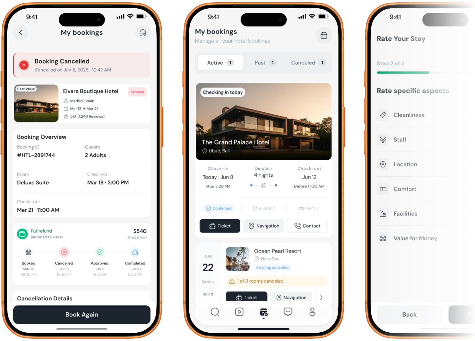 Three LOVO app screens: a cancelled booking with full refund details, the My Bookings list with active, past and cancelled tabs, and a step-by-step stay rating flow.