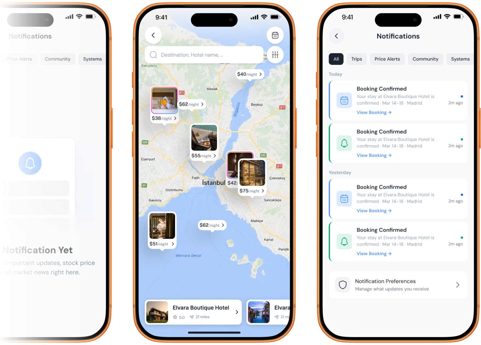 Three LOVO app screens: an empty notifications state, map-based hotel discovery with nightly price pins over Istanbul, and a notifications feed of booking confirmations.
