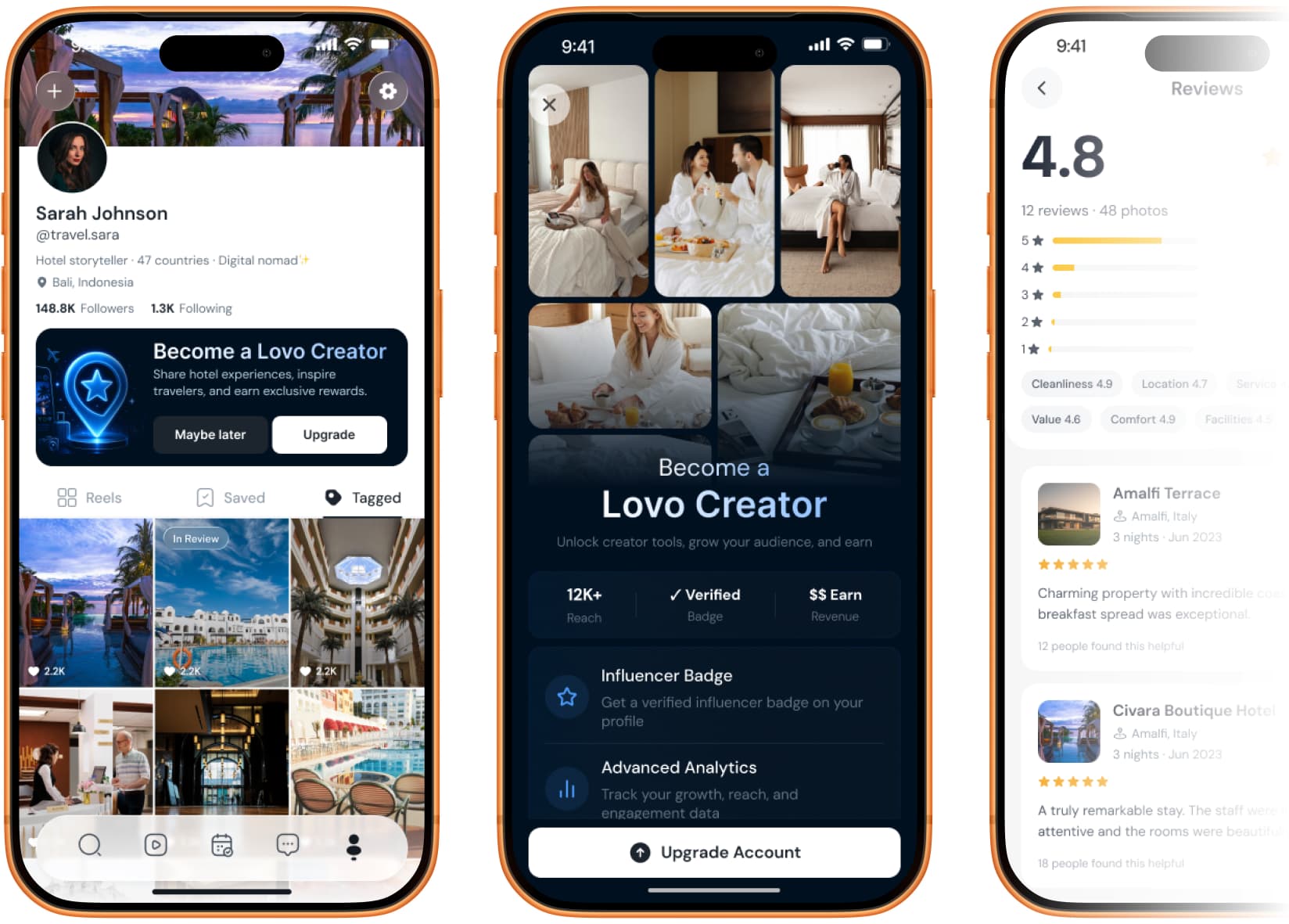 Three LOVO app screens: a traveler profile with a Become a Lovo Creator banner, the creator upgrade screen with badge and analytics perks, and a hotel review summary rated 4.8.