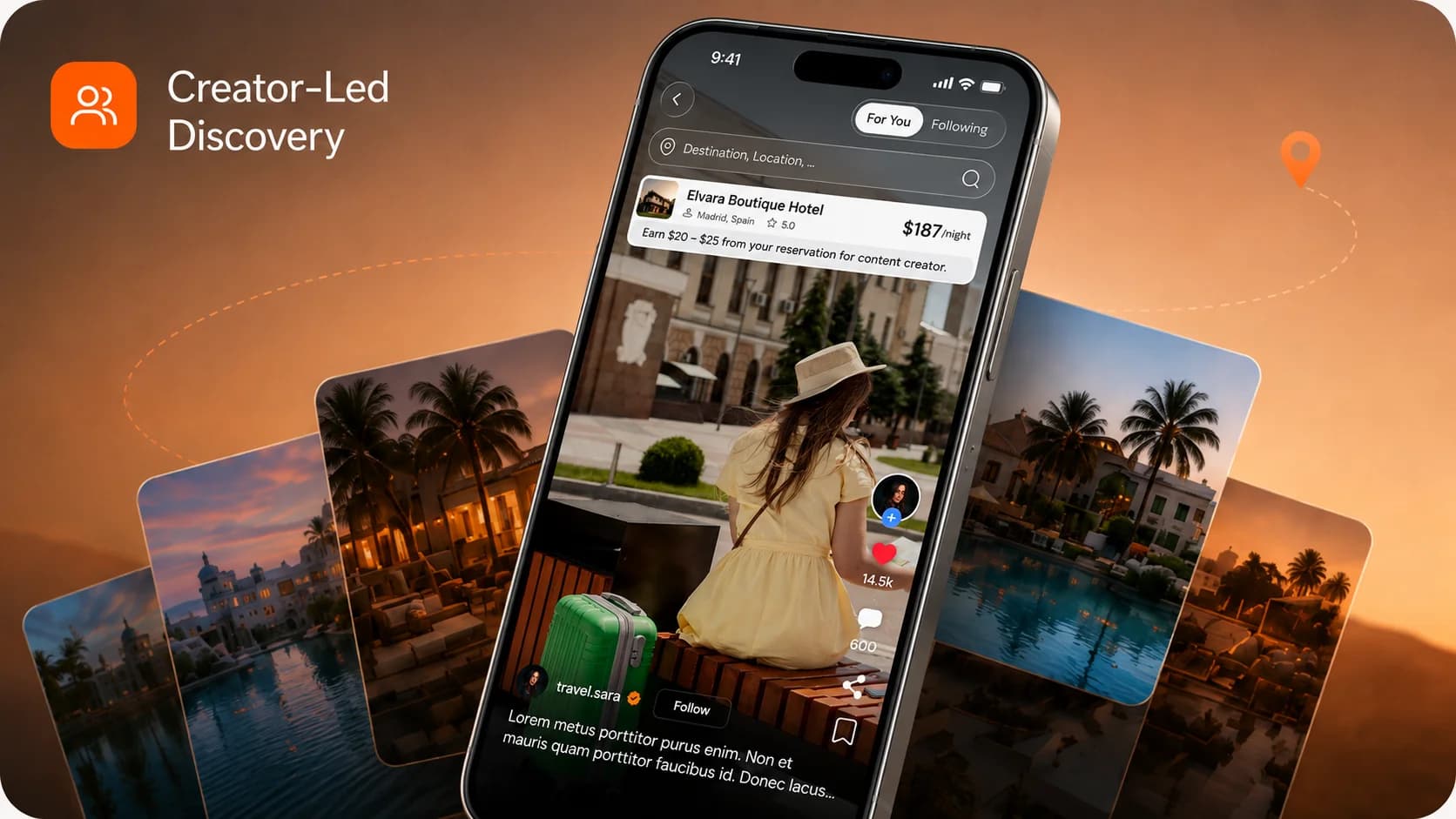 Creator-Led Discovery: a phone playing a creator's hotel story over a fan of travel photo cards