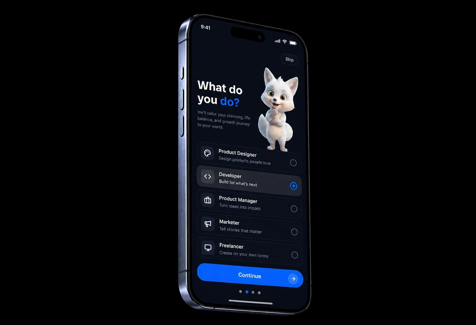 The Morrow app on a phone. The screen asks What do you do? and offers five roles: product designer, developer, product manager, marketer and freelancer. A white fox mascot stands beside the question.