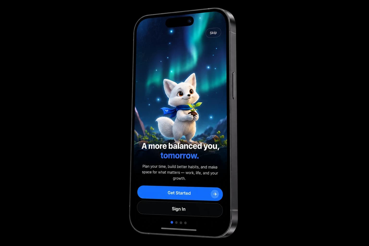 A phone standing on dark sand and showing the welcome screen: A more balanced you, tomorrow, with the fox holding a seedling under the northern lights.