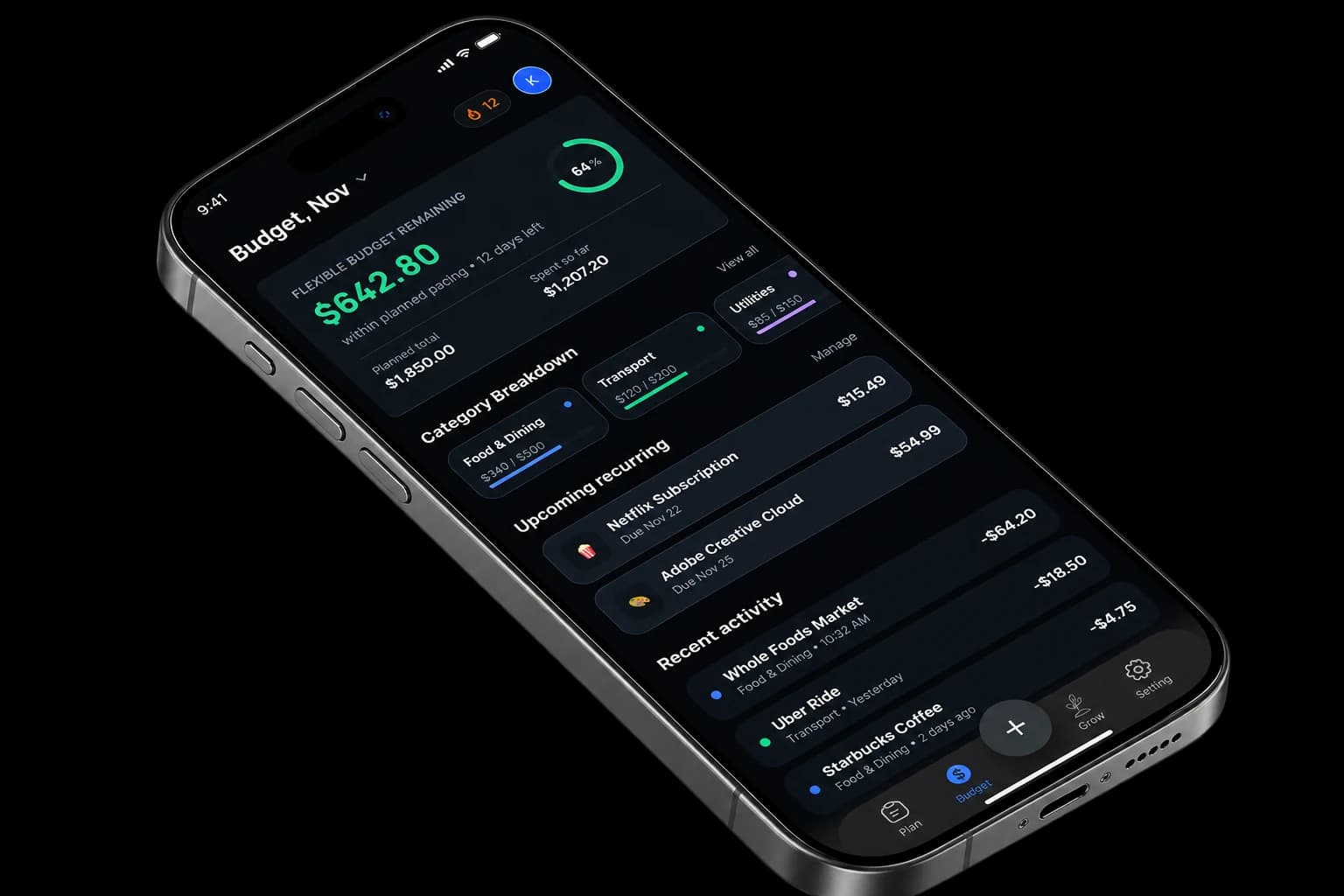 A phone floating over the sand and showing the Budget screen: the money left this month, a category breakdown, upcoming recurring payments and recent activity.