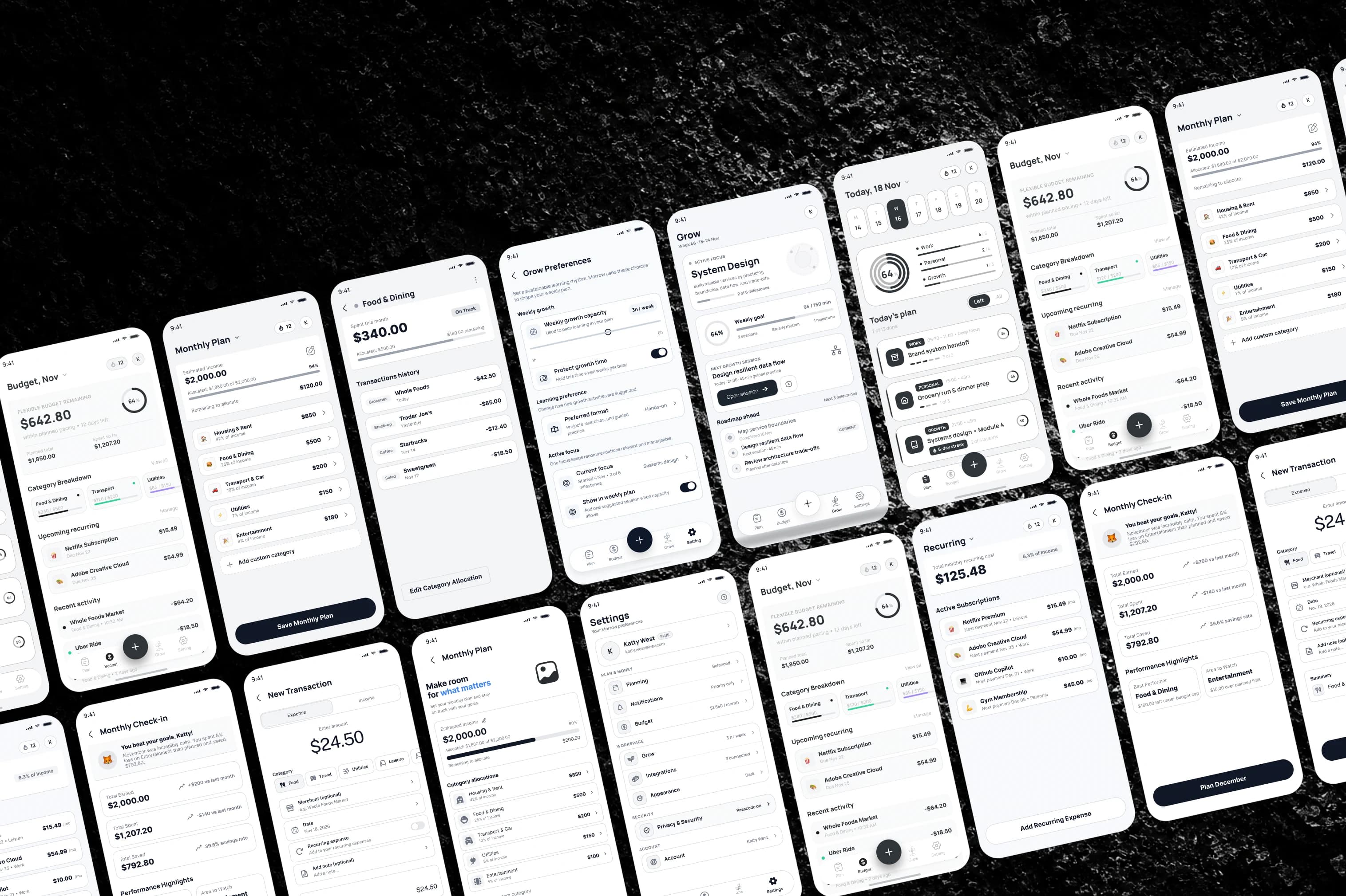A tilted wall of the Morrow app's wireframes on dark rock: budget, monthly plan, transactions, grow preferences, settings, recurring payments and monthly check-in screens.